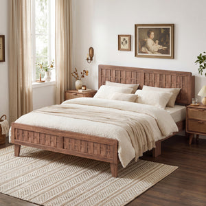 Mid Century Queen Size Bed Frame with Woven Accent Headboard-Natural