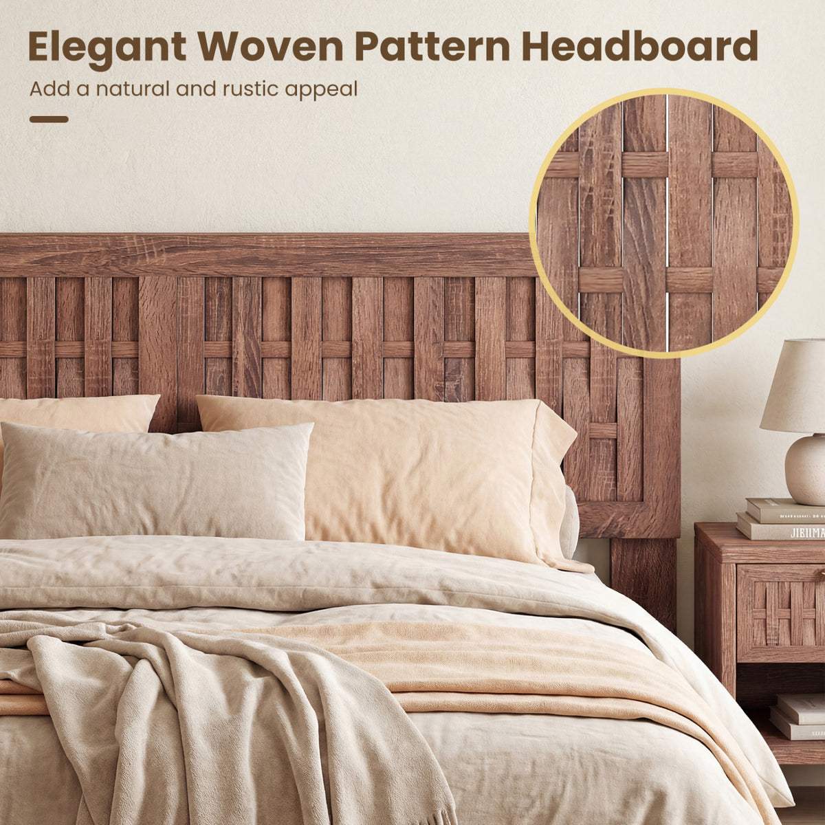 Mid Century Queen Size Bed Frame with Woven Accent Headboard-Natural