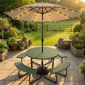 3-Piece Round Picnic Table Set with 10FT Solar LED Tilt Umbrella and Base for Patio Backyard