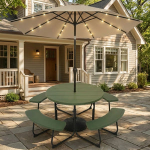 3-Piece Round Picnic Table Set with 10FT Solar LED Tilt Umbrella and Base for Patio Backyard