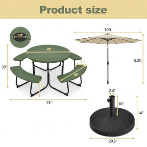 3-Piece Round Picnic Table Set with 10FT Solar LED Tilt Umbrella and Base for Patio Backyard