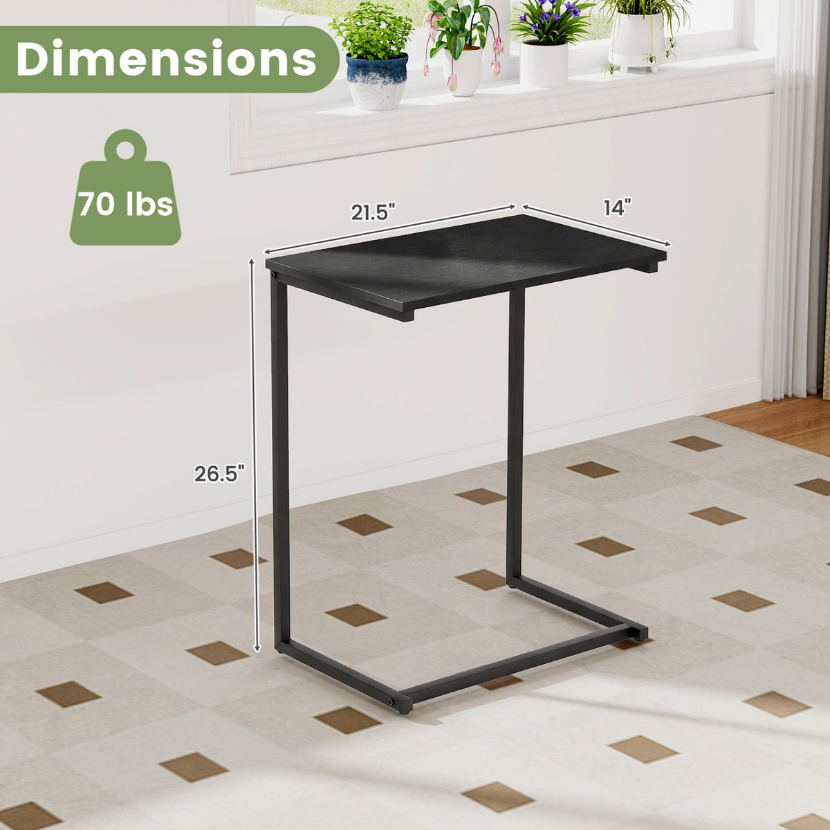 C-Shaped Side Table Sofa Snack End Table with Metal Frame-Black