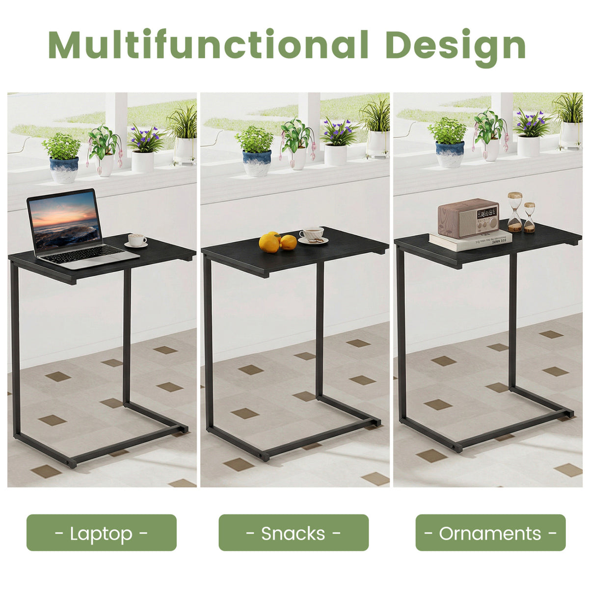 C-Shaped Side Table Sofa Snack End Table with Metal Frame-Black