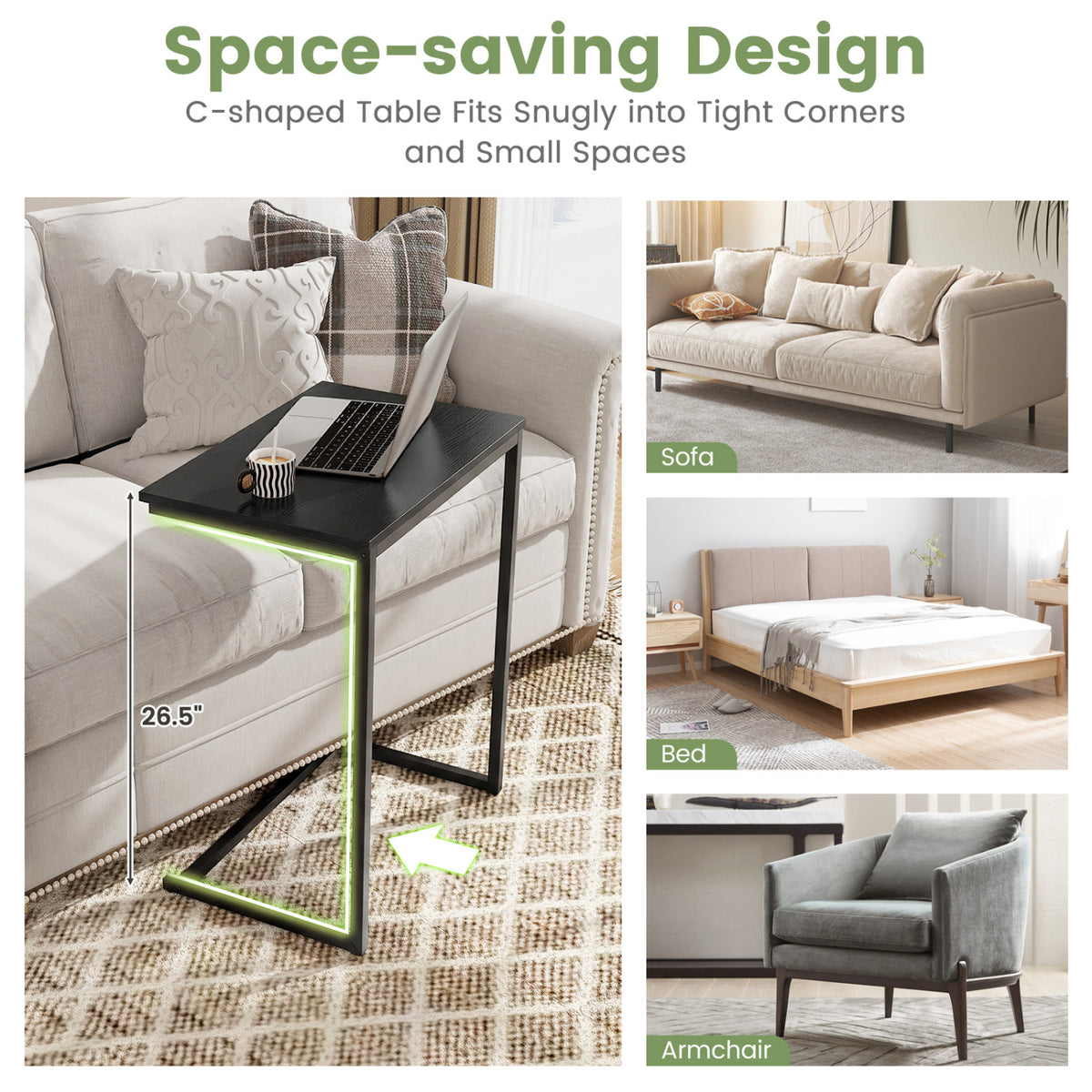 C-Shaped Side Table Sofa Snack End Table with Metal Frame-Black