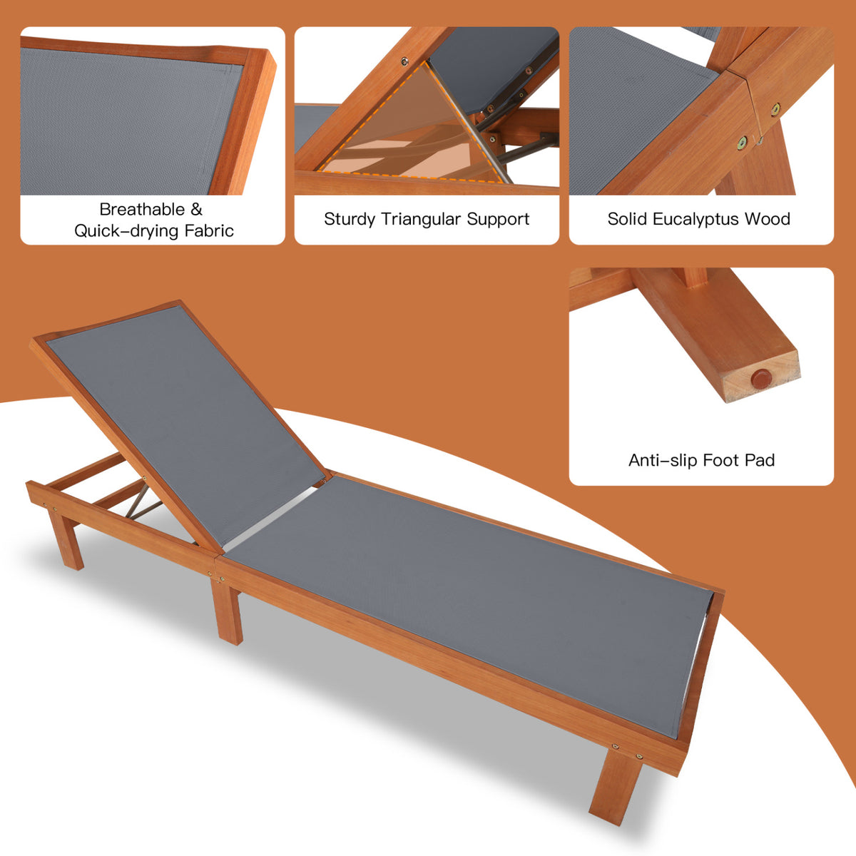 Adjustable Outdoor Wood Chaise Lounge Chair with 5-Postion Backrest-Gray