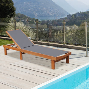 Adjustable Outdoor Wood Chaise Lounge Chair with 5-Postion Backrest-Gray