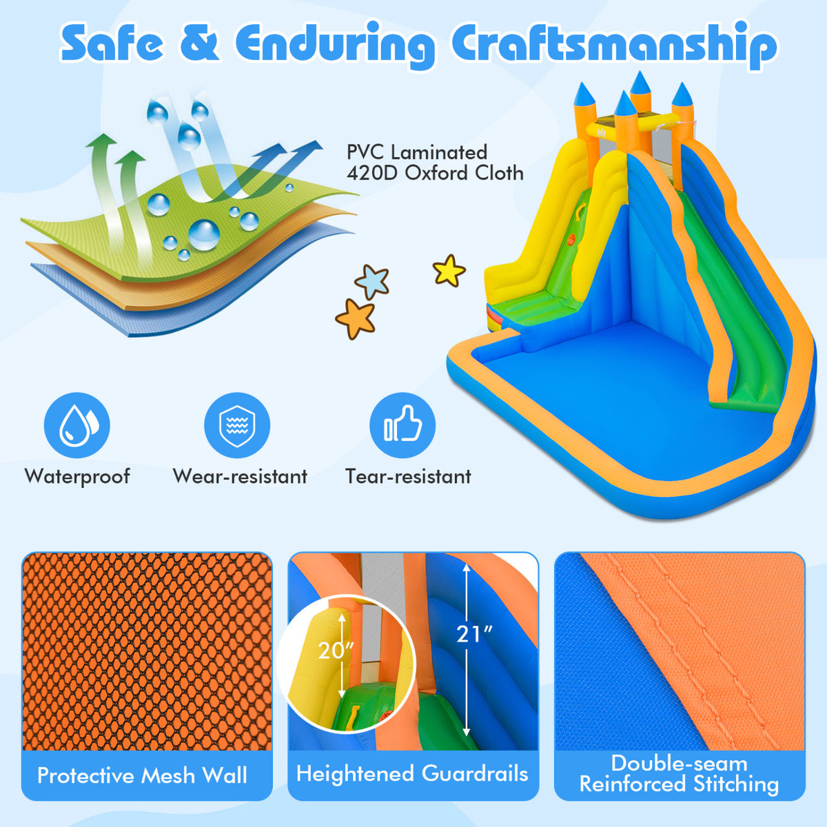 3-in-1 Inflatable Water Slide with Curved Slide and 680W Blower