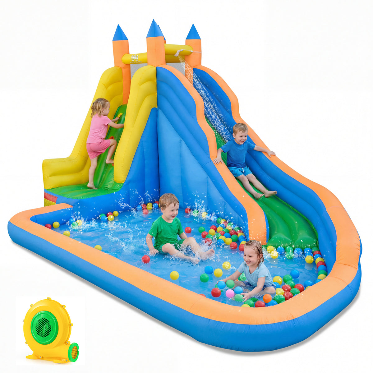 3-in-1 Inflatable Water Slide with Curved Slide and 680W Blower