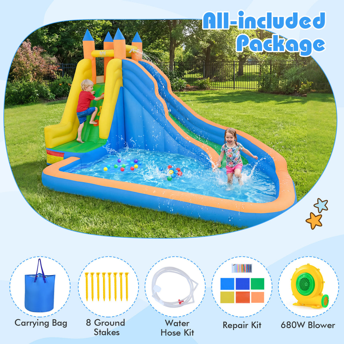 3-in-1 Inflatable Water Slide with Curved Slide and 680W Blower