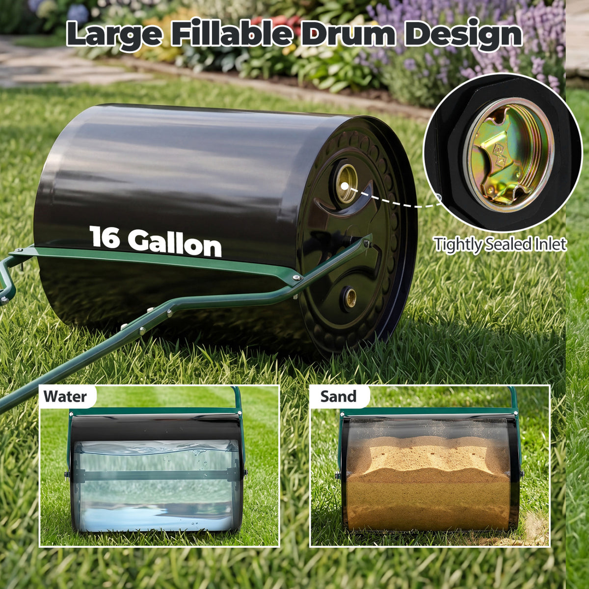 Lawn Roller 16 Gallon Water/Sand Filled Garden Drum Roller with Leak-proof Inlet