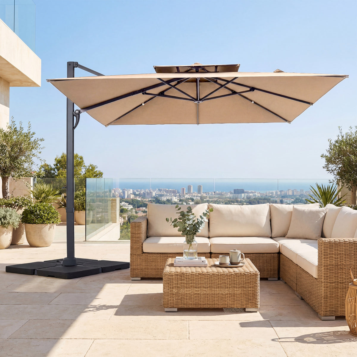 10 FT Aluminum Pole Patio Cantilever Umbrella with 220 LBS Base-Brown