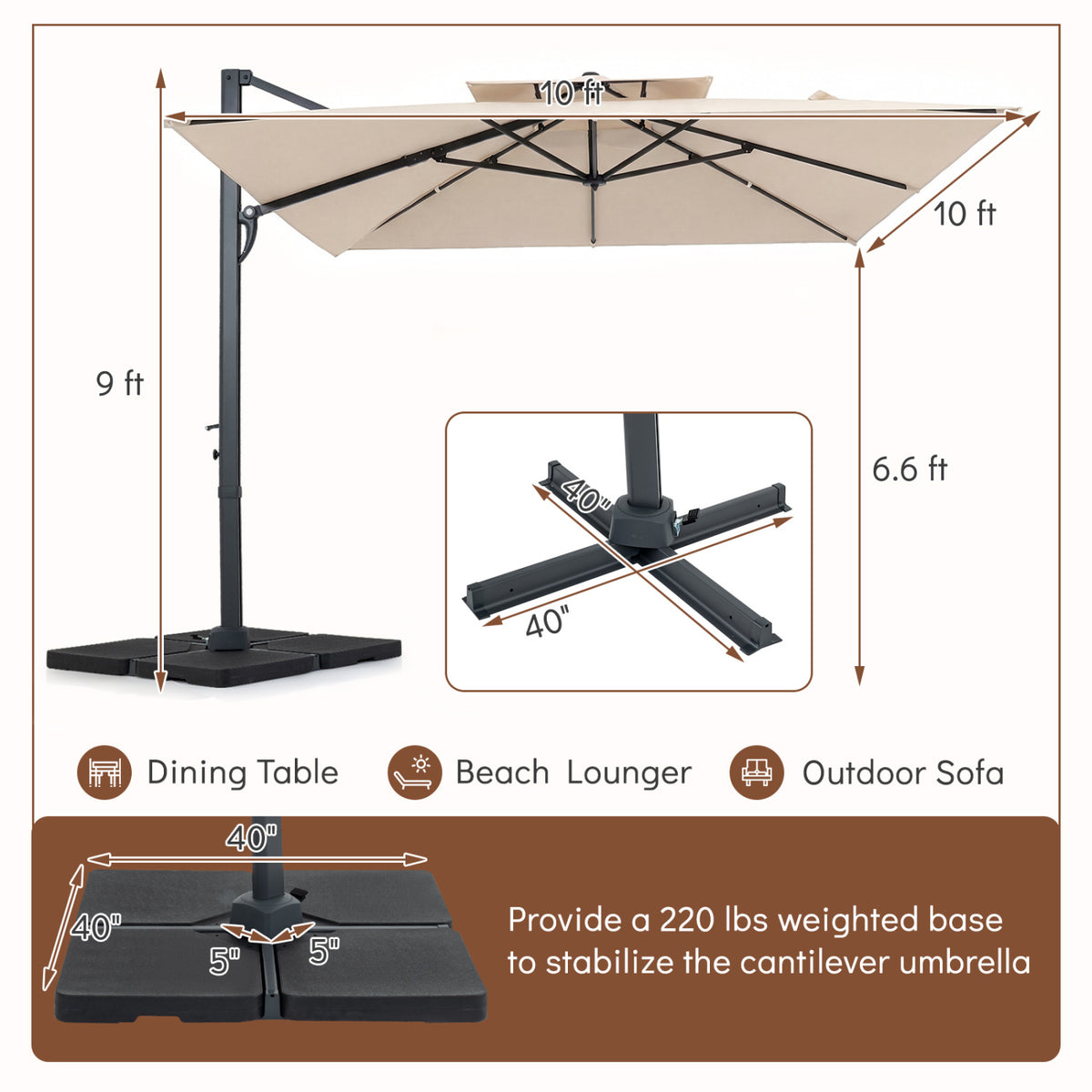 10 FT Aluminum Pole Patio Cantilever Umbrella with 220 LBS Base-Beige