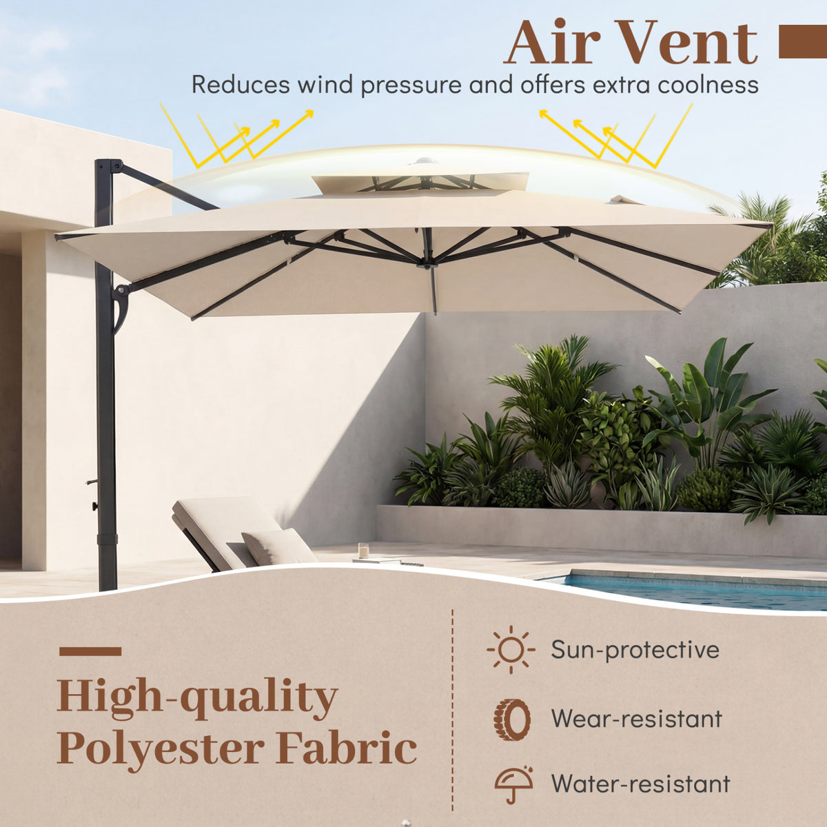 10 FT Aluminum Pole Patio Cantilever Umbrella with 220 LBS Base-Beige
