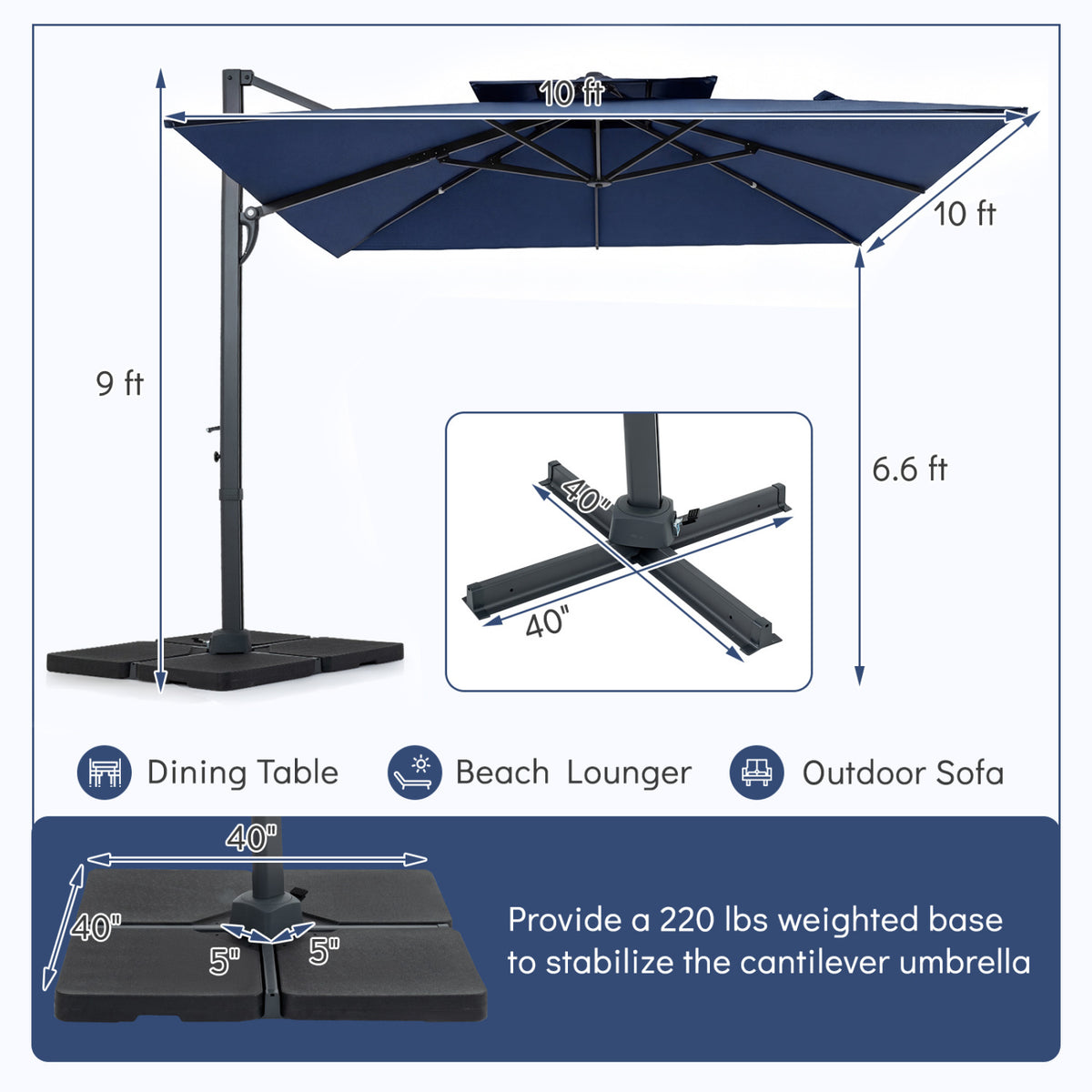 10 FT Aluminum Pole Patio Cantilever Umbrella with 220 LBS Base-Dark Blue
