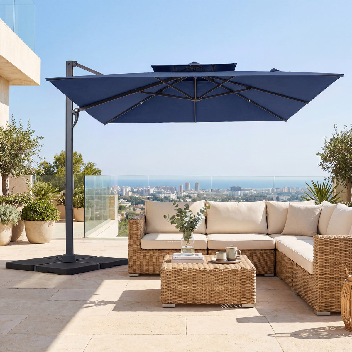 10 FT Aluminum Pole Patio Cantilever Umbrella with 220 LBS Base-Dark Blue