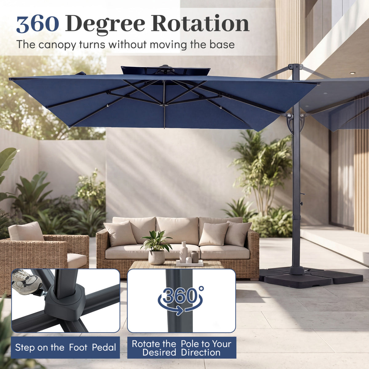 10 FT Aluminum Pole Patio Cantilever Umbrella with 220 LBS Base-Dark Blue