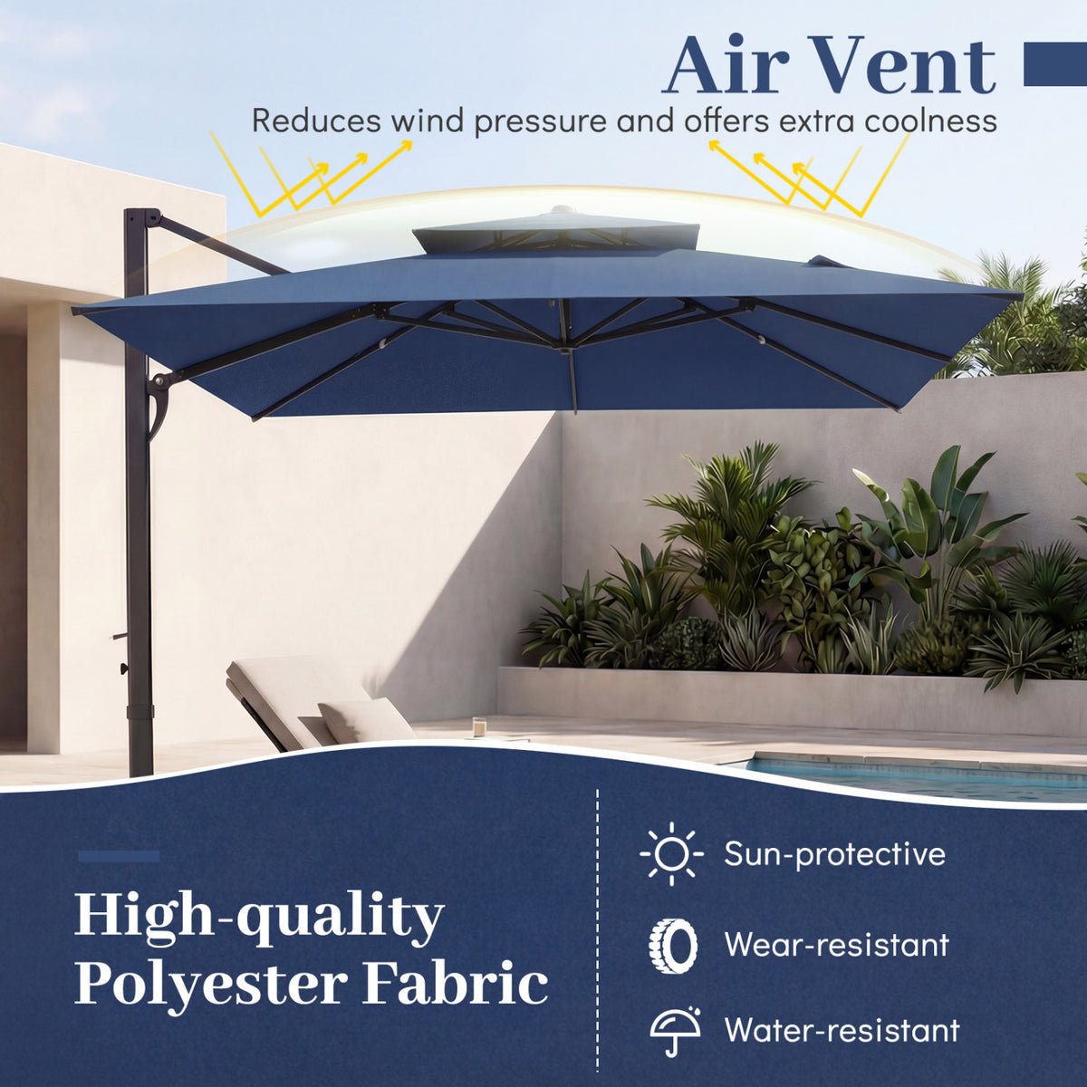 10 FT Aluminum Pole Patio Cantilever Umbrella with 220 LBS Base-Dark Blue