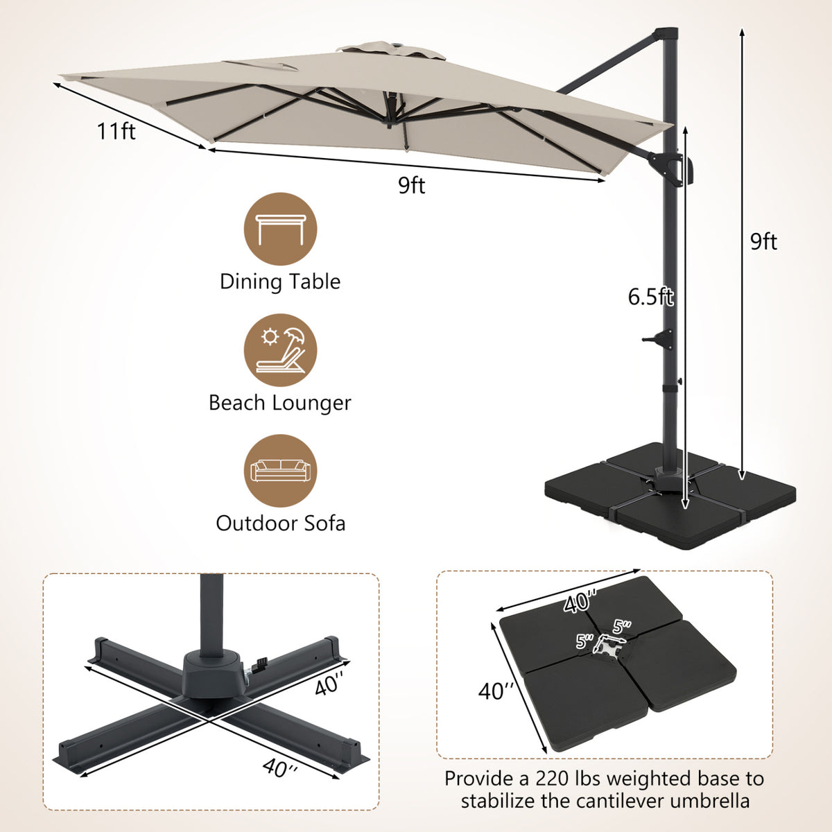 11 x 9 FT Aluminum Pole Outdoor Offset Hanging Umbrella with 220 LBS Base-Beige