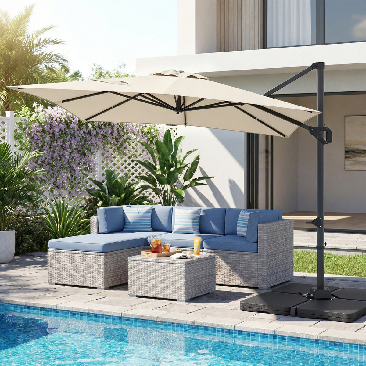 11 x 9 FT Aluminum Pole Outdoor Offset Hanging Umbrella with 220 LBS Base-Beige