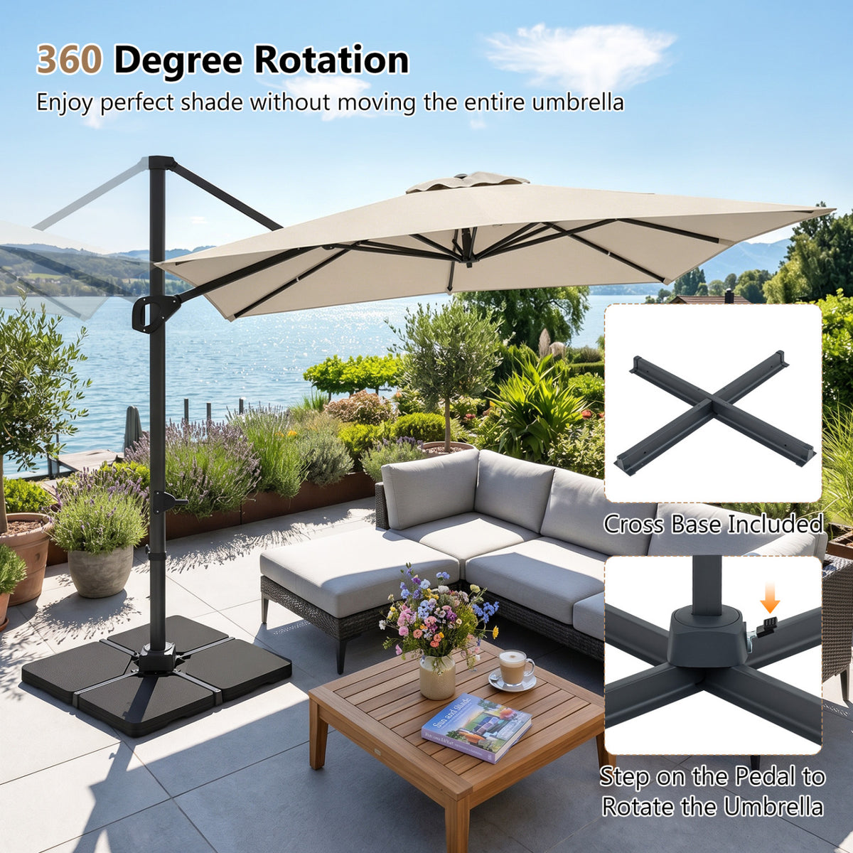 11 x 9 FT Aluminum Pole Outdoor Offset Hanging Umbrella with 220 LBS Base-Beige