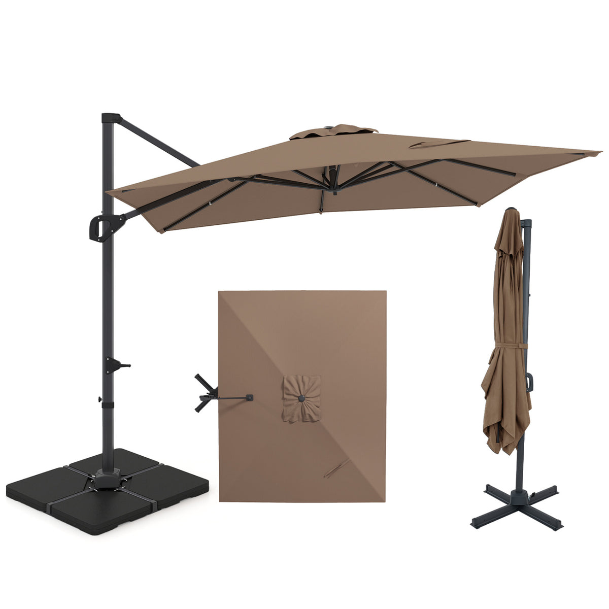 11 x 9 FT Aluminum Pole Outdoor Offset Hanging Umbrella with 220 LBS Base-Brown