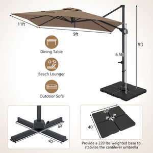 11 x 9 FT Aluminum Pole Outdoor Offset Hanging Umbrella with 220 LBS Base-Brown