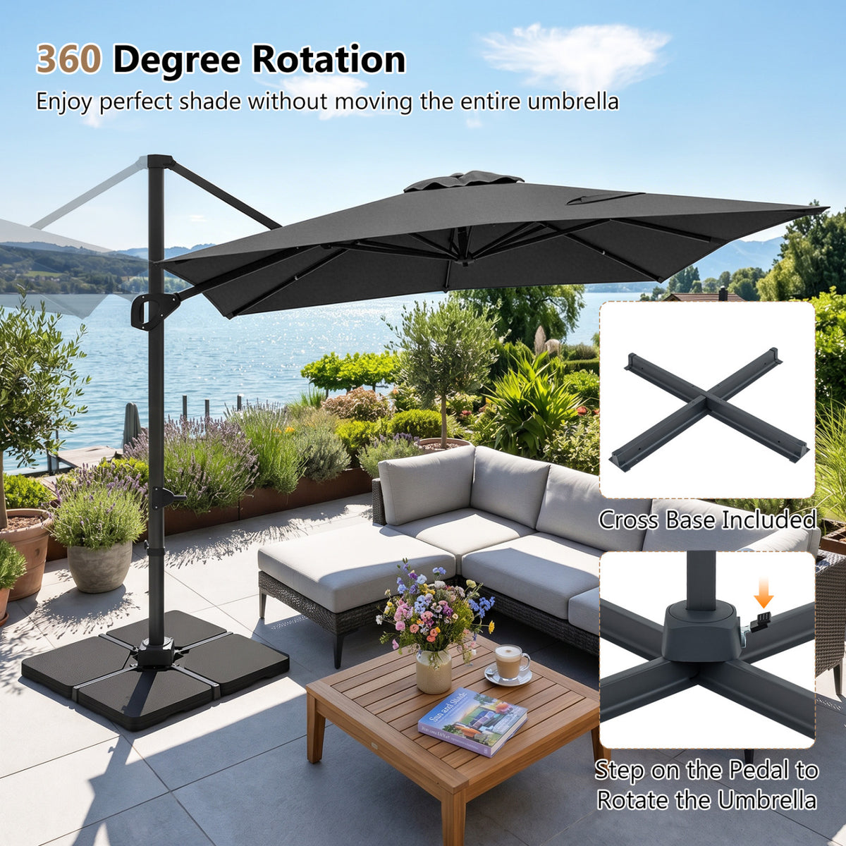 11 x 9 FT Aluminum Pole Outdoor Offset Hanging Umbrella with 220 LBS Base-Gray
