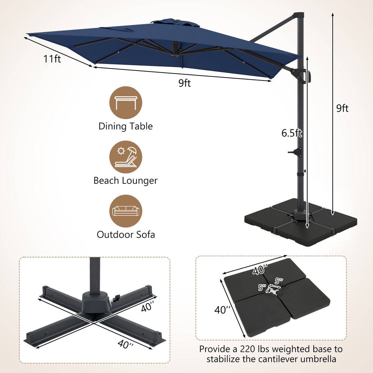 11 x 9 FT Aluminum Pole Outdoor Offset Hanging Umbrella with 220 LBS Base-Dark Blue