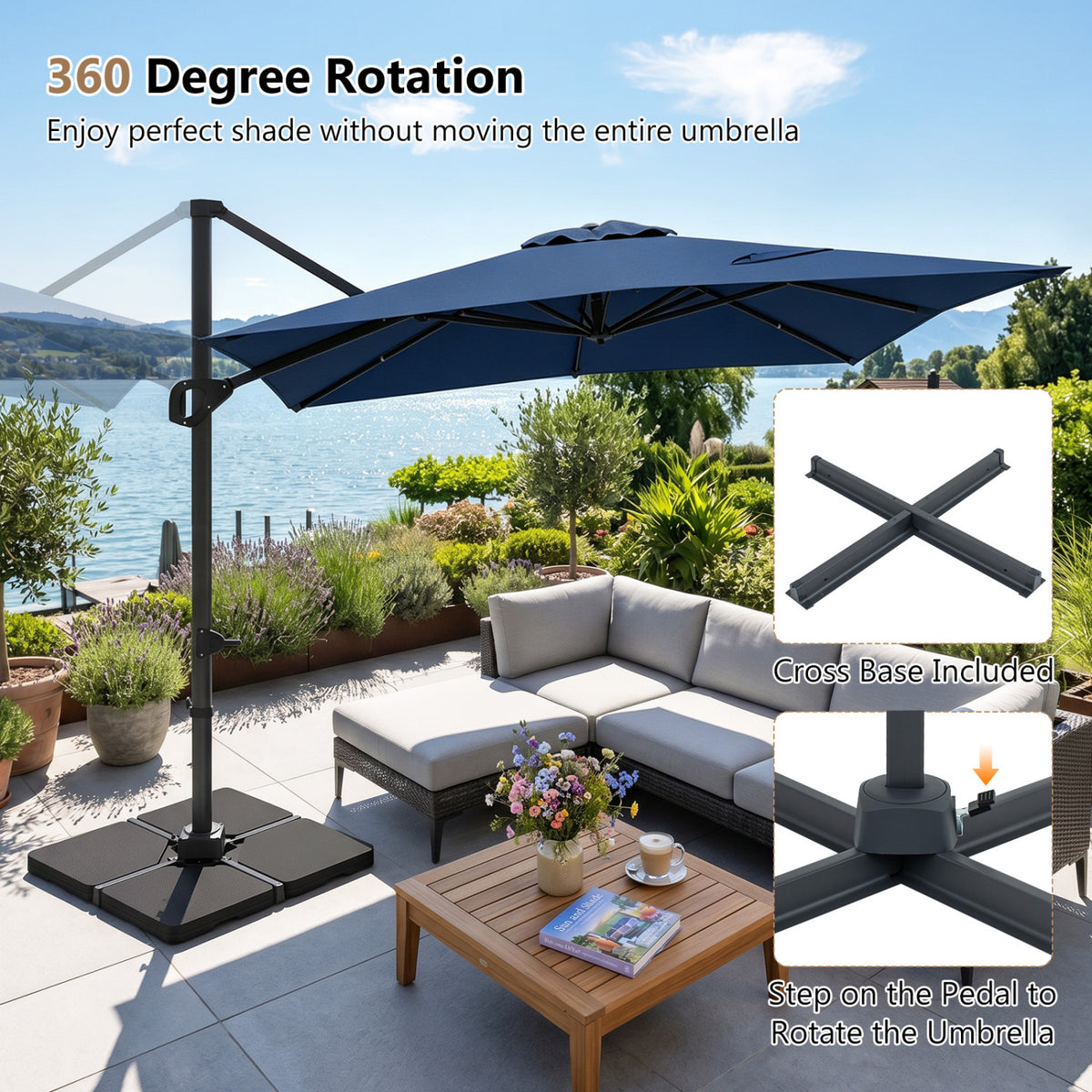 11 x 9 FT Aluminum Pole Outdoor Offset Hanging Umbrella with 220 LBS Base-Dark Blue