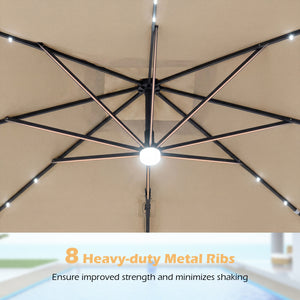 10 FT Cantilever Patio Umbrella with 32 Solar LED Lights and 220 LBS Base-Beige