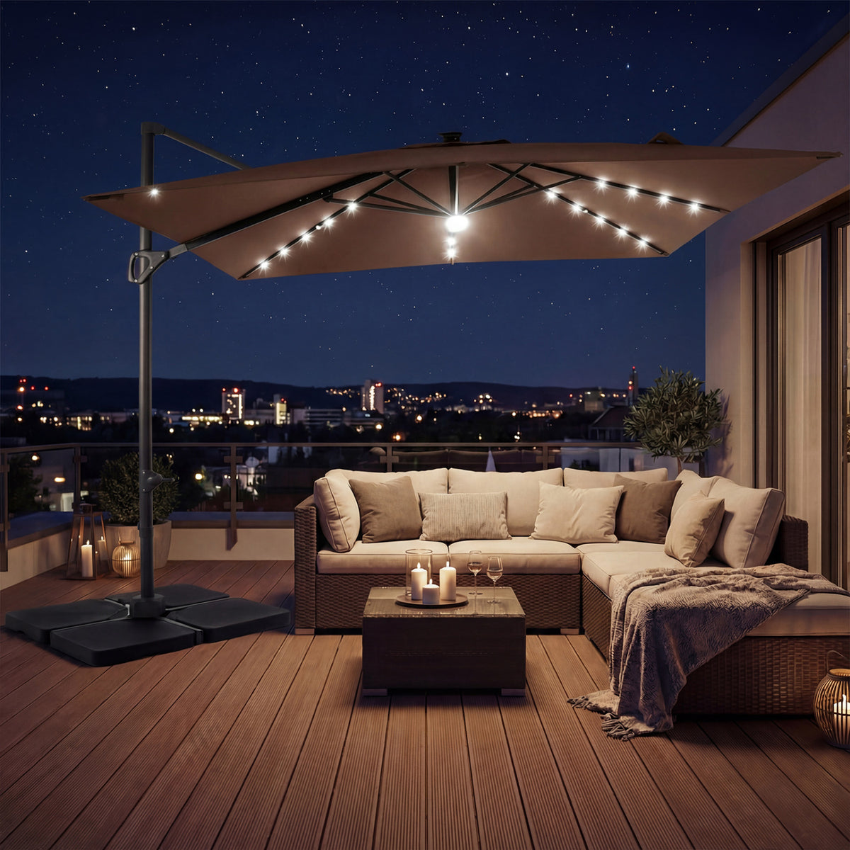 10 FT Cantilever Patio Umbrella with 32 Solar LED Lights and 220 LBS Base-Brown