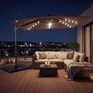 10 FT Cantilever Patio Umbrella with 32 Solar LED Lights and 220 LBS Base-Brown