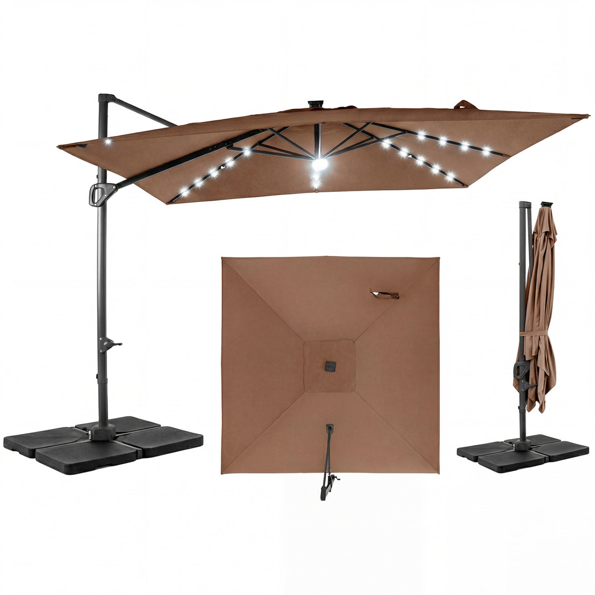 10 FT Cantilever Patio Umbrella with 32 Solar LED Lights and 220 LBS Base-Brown