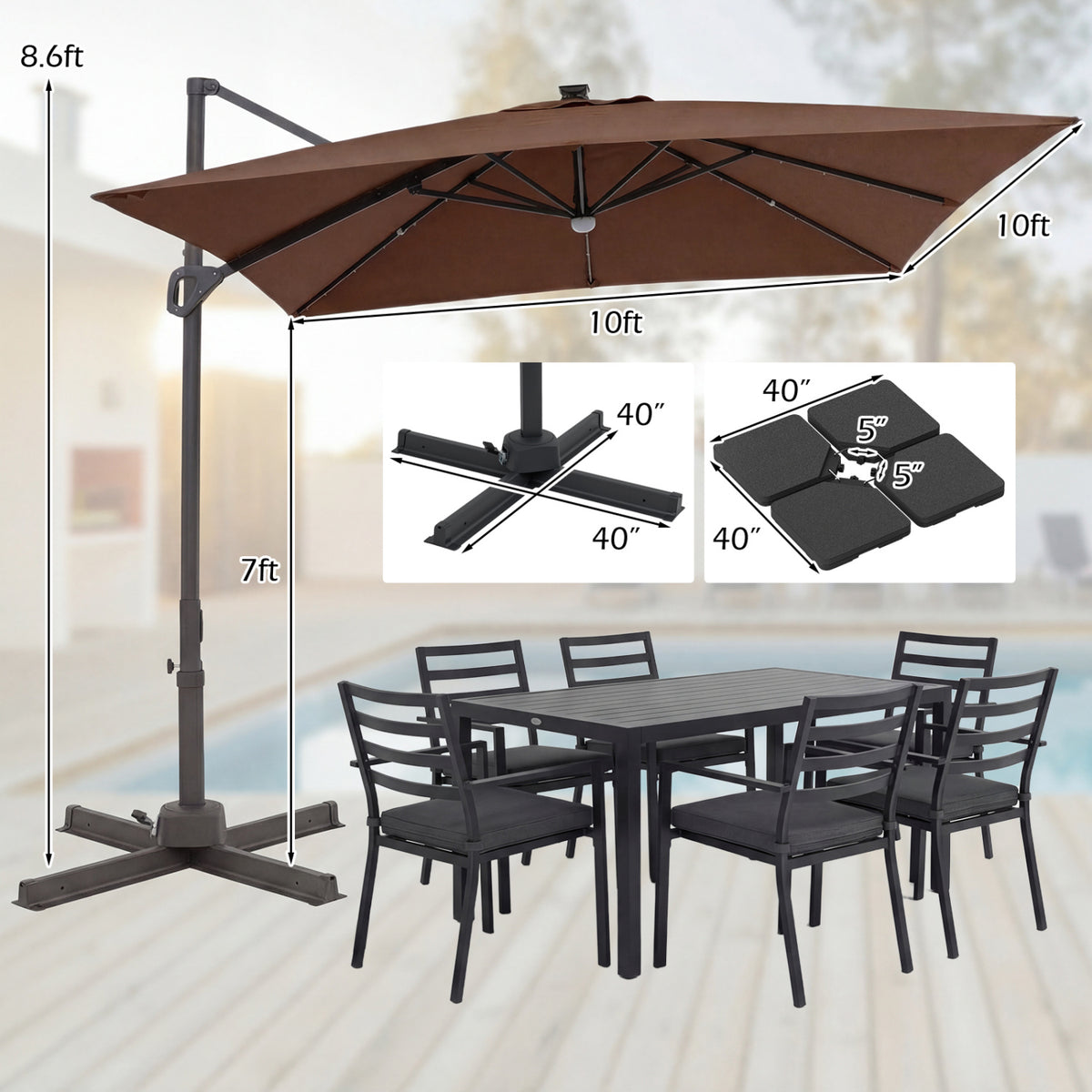 10 FT Cantilever Patio Umbrella with 32 Solar LED Lights and 220 LBS Base-Brown