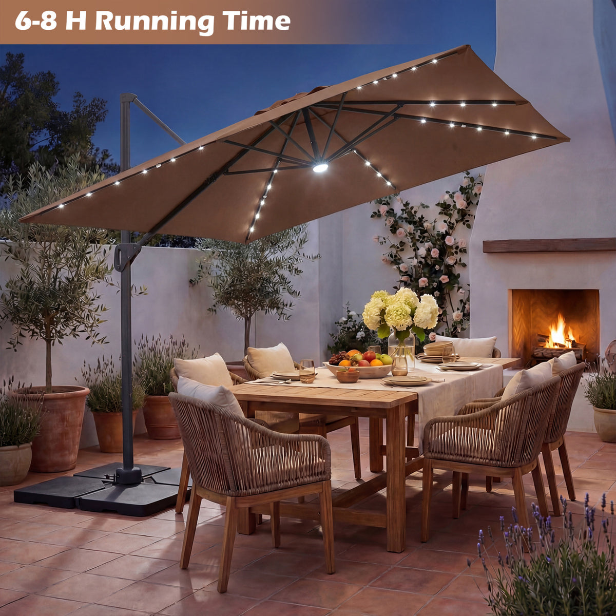 10 FT Cantilever Patio Umbrella with 32 Solar LED Lights and 220 LBS Base-Brown