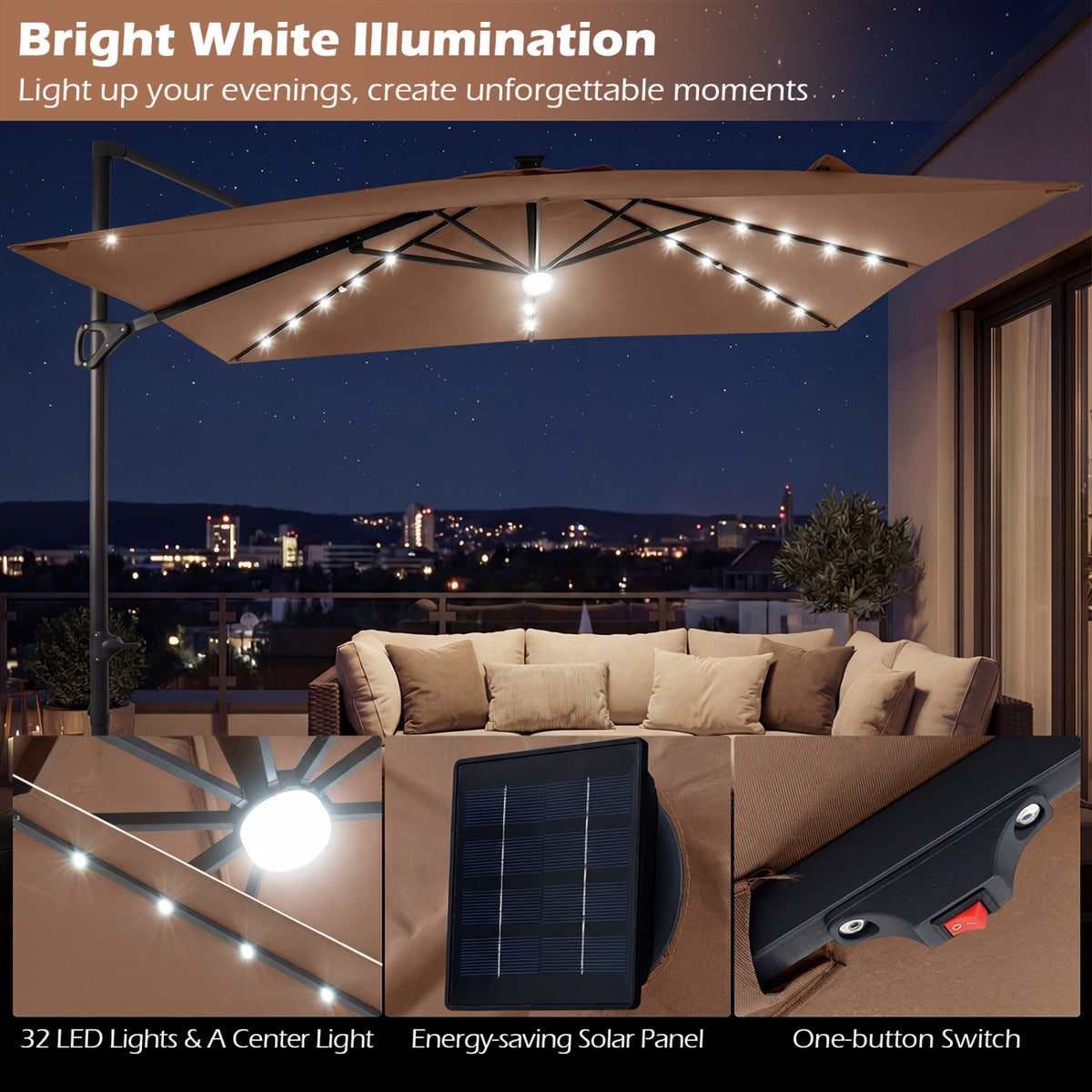 10 FT Cantilever Patio Umbrella with 32 Solar LED Lights and 220 LBS Base-Brown