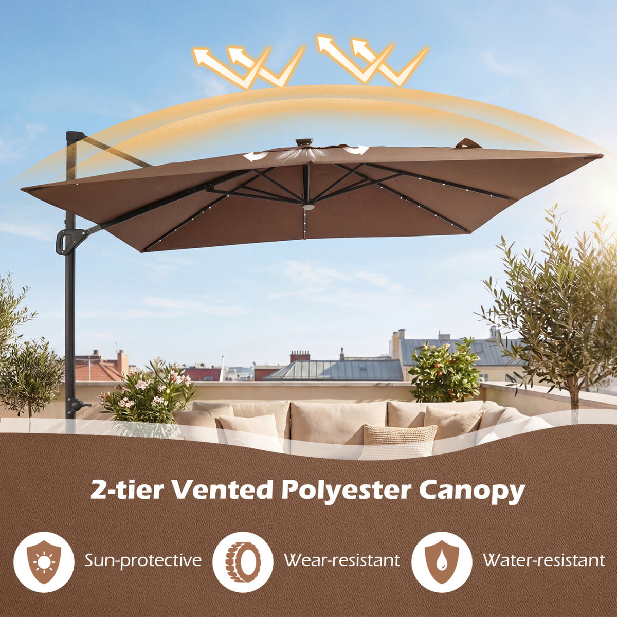 10 FT Cantilever Patio Umbrella with 32 Solar LED Lights and 220 LBS Base-Brown