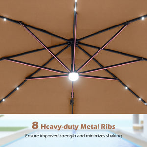 10 FT Cantilever Patio Umbrella with 32 Solar LED Lights and 220 LBS Base-Brown