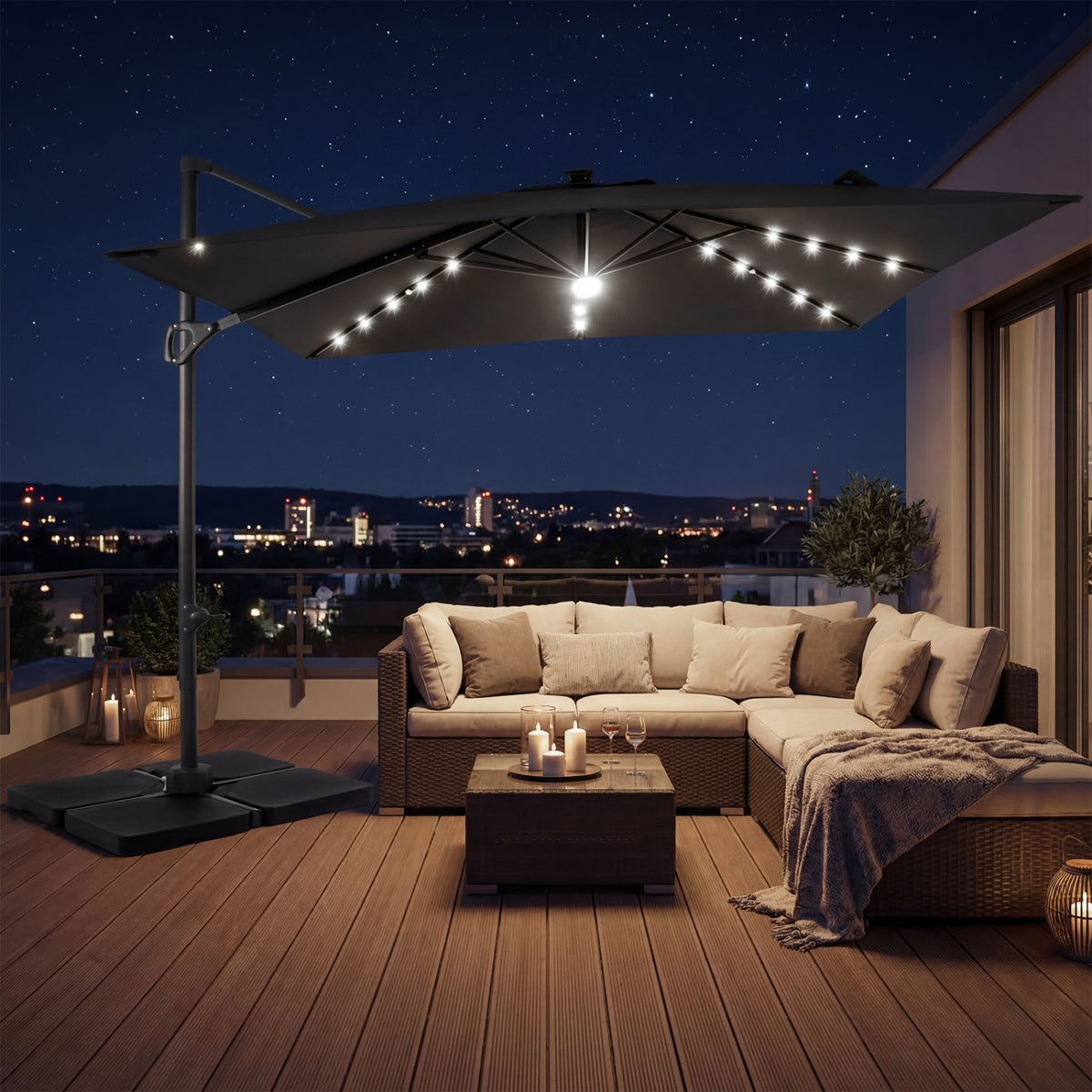 10 FT Cantilever Patio Umbrella with 32 Solar LED Lights and 220 LBS Base-Gray