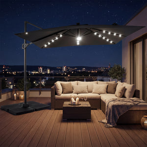 10 FT Cantilever Patio Umbrella with 32 Solar LED Lights and 220 LBS Base-Gray