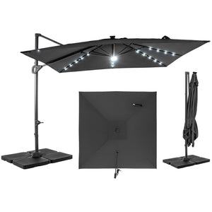 10 FT Cantilever Patio Umbrella with 32 Solar LED Lights and 220 LBS Base-Gray