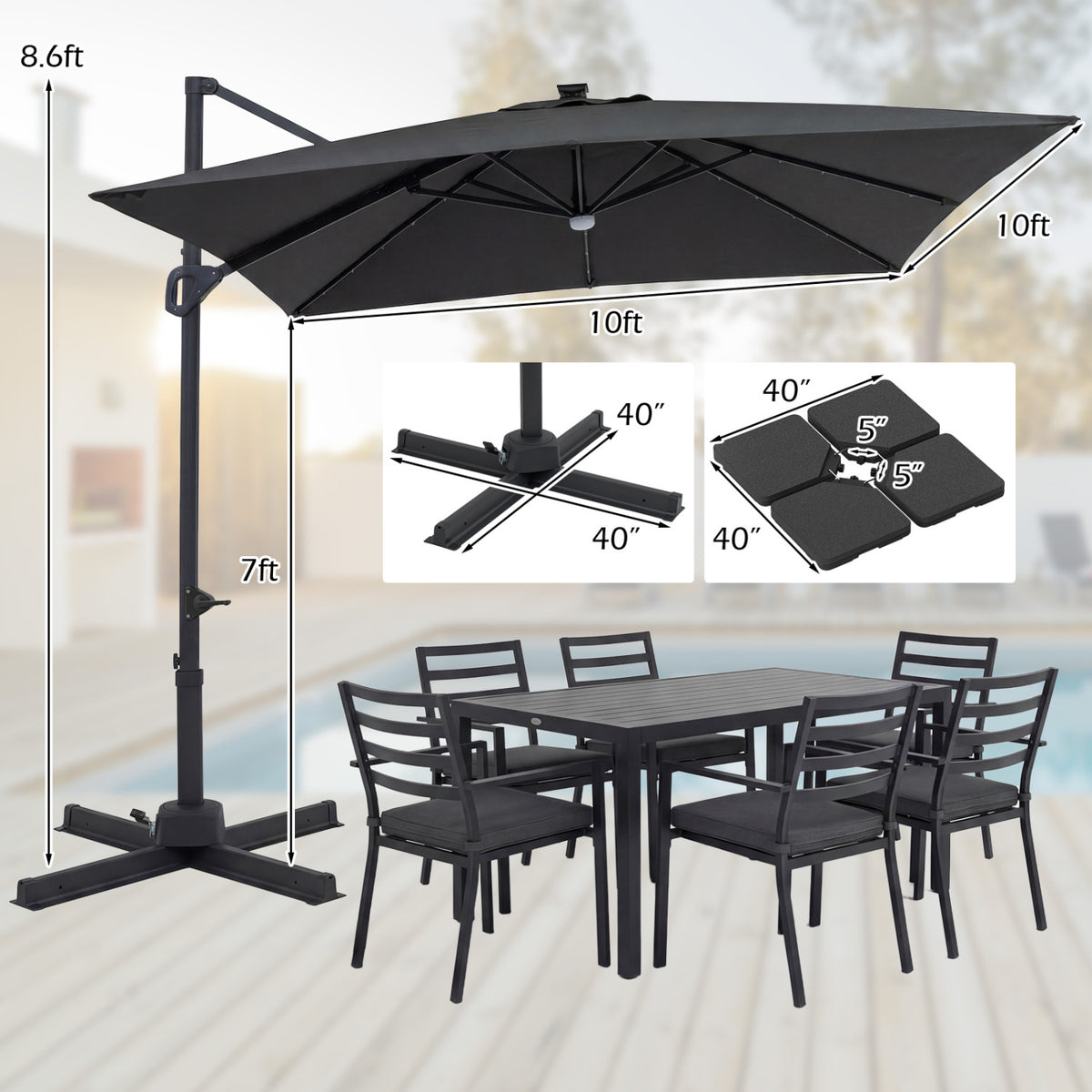 10 FT Cantilever Patio Umbrella with 32 Solar LED Lights and 220 LBS Base-Gray