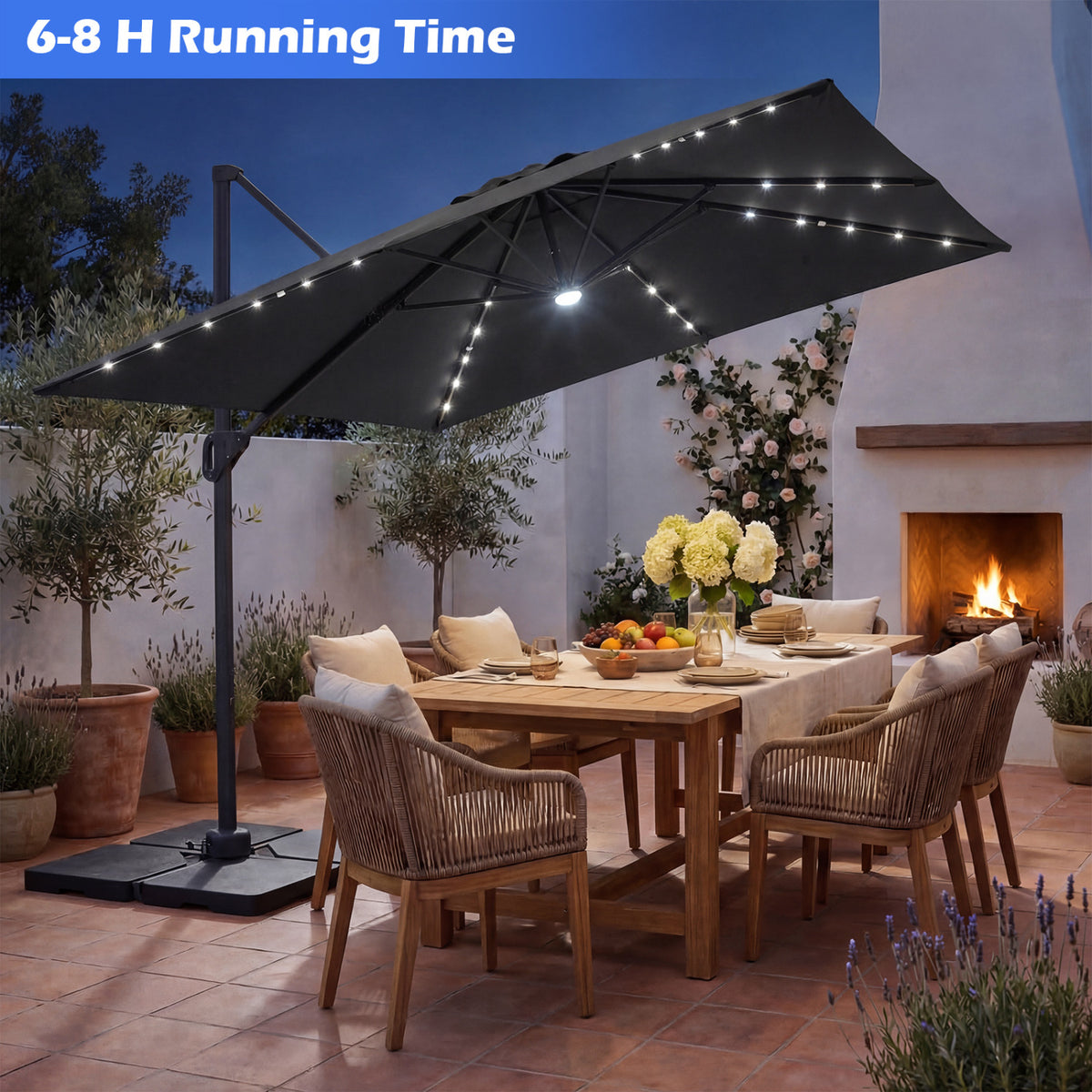 10 FT Cantilever Patio Umbrella with 32 Solar LED Lights and 220 LBS Base-Gray