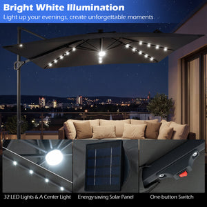 10 FT Cantilever Patio Umbrella with 32 Solar LED Lights and 220 LBS Base-Gray