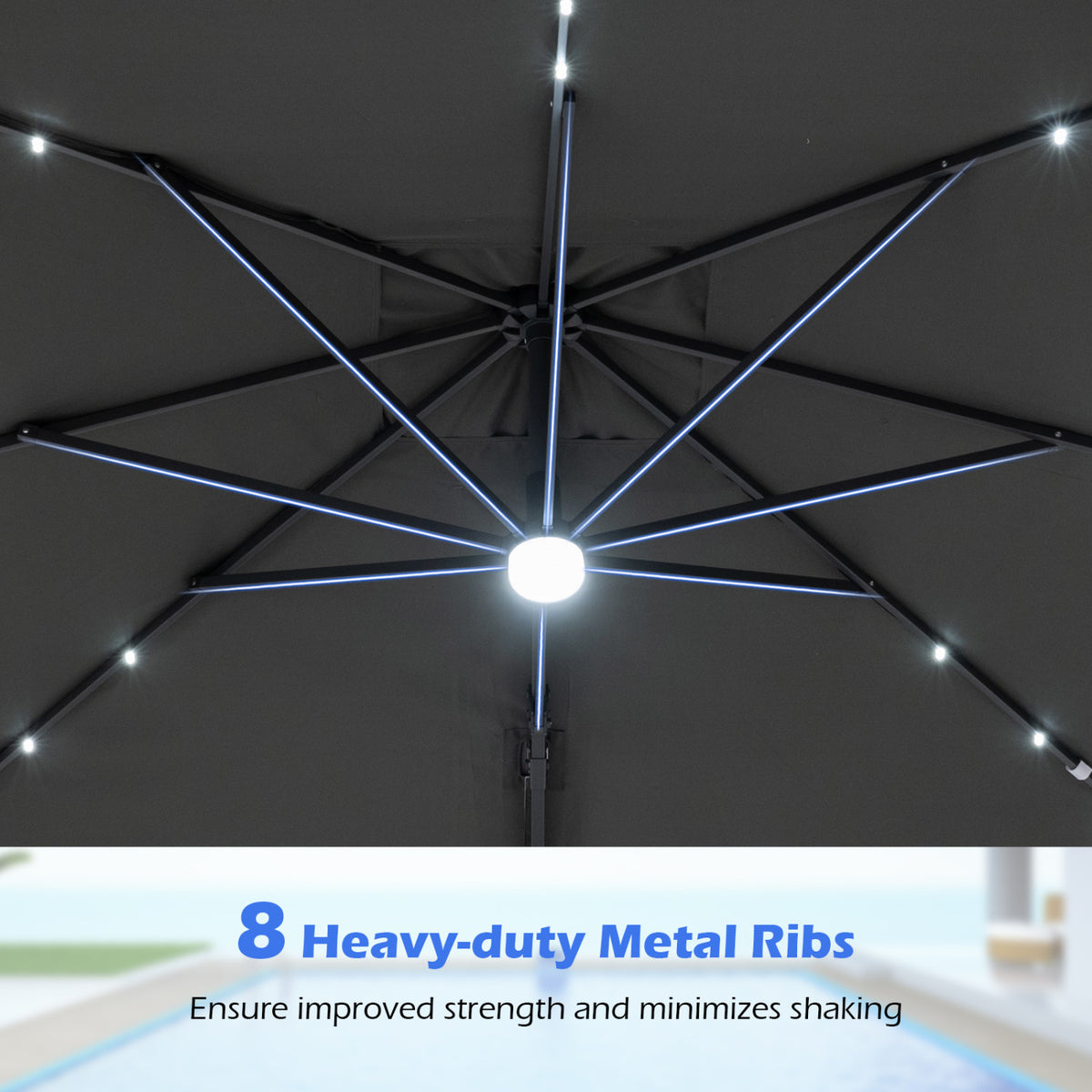 10 FT Cantilever Patio Umbrella with 32 Solar LED Lights and 220 LBS Base-Gray