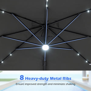 10 FT Cantilever Patio Umbrella with 32 Solar LED Lights and 220 LBS Base-Gray