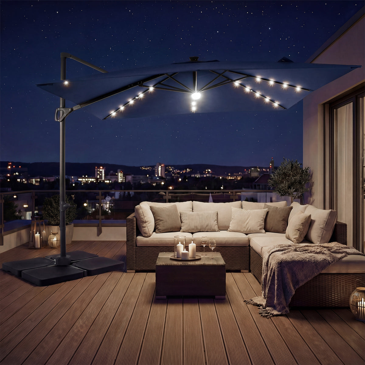 10 FT Cantilever Patio Umbrella with 32 Solar LED Lights and 220 LBS Base-Dark Blue