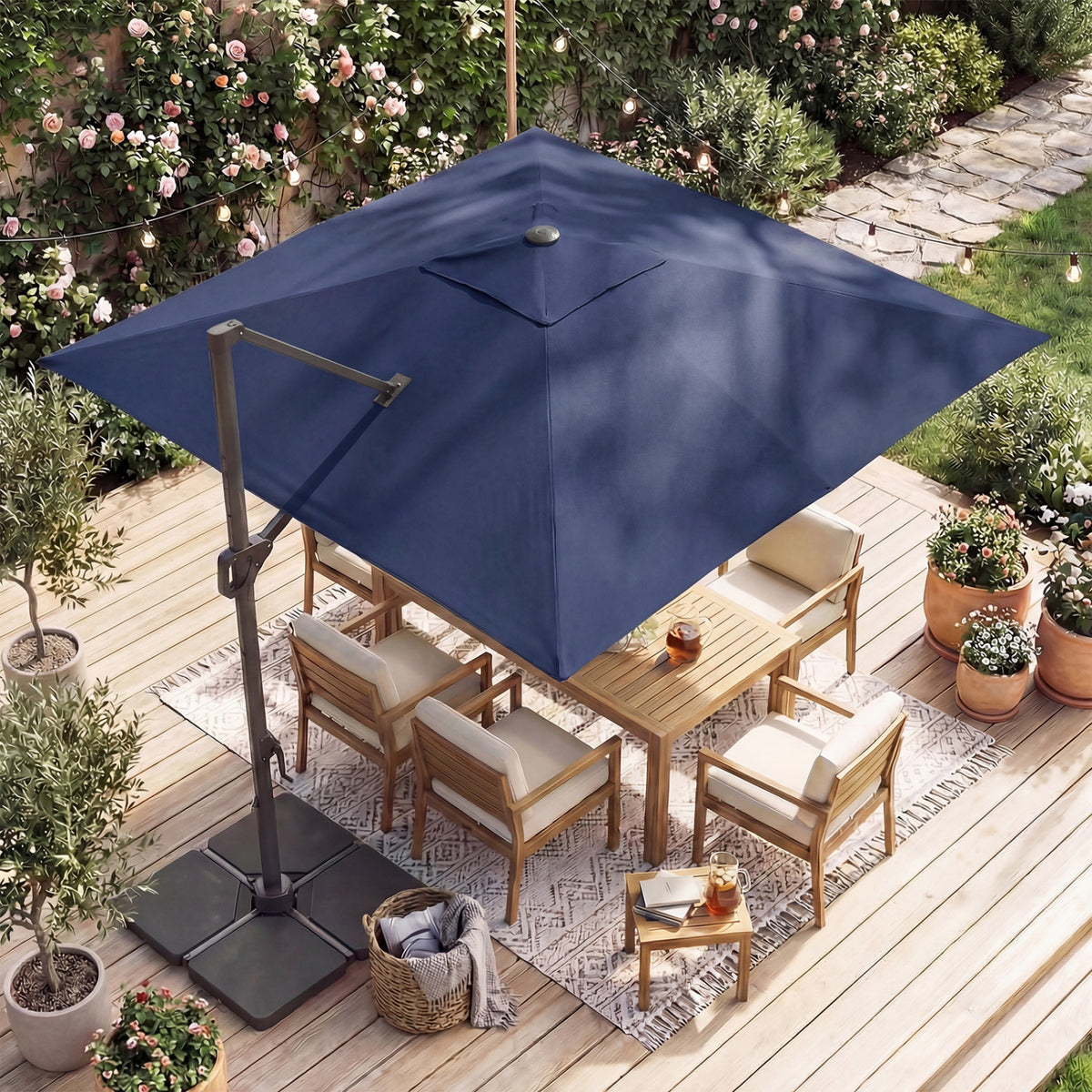 10 FT Cantilever Patio Umbrella with 32 Solar LED Lights and 220 LBS Base-Dark Blue