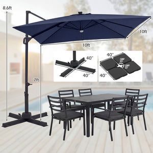 10 FT Cantilever Patio Umbrella with 32 Solar LED Lights and 220 LBS Base-Dark Blue
