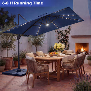 10 FT Cantilever Patio Umbrella with 32 Solar LED Lights and 220 LBS Base-Dark Blue